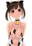 0:00 1girl :q animal_ears animal_print bell between_breasts bikini black_choker breasts brown_eyes brown_hair candy chocolate chocolate_bar choker cleavage closed_mouth commentary cow_ears cow_horns cow_print cowbell double_bun elbow_gloves eyebrows_visible_through_hair food gloves halterneck highres horns idolmaster idolmaster_shiny_colors large_breasts licking_lips looking_at_viewer navel neck_bell new_year print_bikini print_gloves short_hair sidelocks simple_background smile solo sonoda_chiyoko swimsuit textless tongue tongue_out upper_body v_arms white_background white_bikini white_gloves 