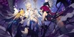  3girls angel angel_wings ark_order artist_request bangs belphegor_(ark_order) black_gloves black_legwear black_leotard black_skirt black_wings blonde_hair blue_eyes breasts cloud demon_girl demon_horns demon_wings elbow_gloves feathered_wings garter_straps gloves halo highres holding holding_weapon horns large_breasts leotard long_hair mammon_(ark_order) michael_(ark_order) multiple_girls official_art one_eye_closed pantyhose pink_hair pointy_ears shirt sidelocks skirt sleeveless sleeveless_shirt thighhighs v-shaped_eyebrows very_long_hair weapon white_legwear white_shirt white_wings wing_hair_ornament wings 