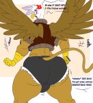  angry anthro avian big_butt blush brown_body brown_feathers bulge butt clothing denizen1414 english_text feathered_wings feathers fingers friendship_is_magic gilda_(mlp) gryphon gynomorph hasbro hi_res intersex long_tail looking_back my_little_pony mythological_avian mythology open_mouth text tongue white_body white_feathers wings yellow_eyes 