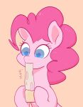  blue_eyes earth_pony eating equid equine eyelashes female food friendship_is_magic hair hasbro hi_res holding_food holding_object horse japanese_text looking_down mammal my_little_pony noupu1115 pink_body pink_hair pinkie_pie_(mlp) pony simple_background solo text 