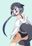  1girl absurdres alternate_costume bare_legs bare_shoulders bikini blowhole blue_eyes blush bow commentary_request cowboy_shot dolphin_girl dolphin_tail eyebrows_visible_through_hair from_behind grey_swimsuit hair_bow highres iwa_(iwafish) kemono_friends looking_at_viewer looking_back narwhal_(kemono_friends) short_hair_with_long_locks solo sweater swimsuit white_sweater 