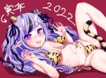  1girl 2022 animal_ears bangs bikini black_ribbon blue_hair breasts butaneko chinese_zodiac fang fingernails hair_ribbon horns knee_up long_hair looking_at_viewer lying medium_breasts micro_bikini mole mole_on_thigh mole_under_mouth multicolored_hair nail_polish navel nijisanji on_back oni oni_horns pointy_ears print_bikini purple_eyes purple_nails red_background ribbon rindou_mikoto shadow sharp_fingernails side-tie_bikini skin-covered_horns skin_fang smile solo spread_legs streaked_hair striped striped_bikini swimsuit tail thick_eyebrows tiger_ears tiger_tail translated virtual_youtuber year_of_the_tiger yellow_bikini 