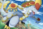  bright_pupils brown_eyes claws cloud commentary_request day grass highres kommo-o looking_at_viewer no_humans open_mouth outdoors pokemon pokemon_(creature) signature sky solo tanpakuroom tongue white_pupils 