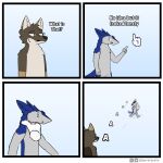  anthro blue_body blue_fur brown_body brown_fur canid canine canis comic coyote dialogue disembodied_hand duo fur grey_body grey_fur hand_on_neck hi_res humor male mammal nintendo screaming sergal spare_(sparecoyote) sparecoyote video_games wii 