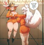  2girls animal_ears ass blue_hair blush bonnie_(bunny_gif) breasts cleavage closed_eyes constricted_pupils facing_another highres indie_virtual_youtuber kneehighs large_breasts lumi_(merryweather) multicolored_hair multiple_girls open_mouth orange_hair prison prison_clothes rabbit_ears rabbit_girl rabbit_tail ryou_sakai smile streaked_hair tail thick_thighs thighhighs thighs virtual_youtuber white_legwear wolf_ears wolf_girl wolf_tail 