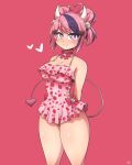  1girl ahoge blush breasts cleavage closed_mouth collarbone demon_girl demon_tail double_bun food_print heart_ahoge highres horns ironmouse large_breasts multicolored_hair one-piece_swimsuit pink_background pink_eyes pink_hair purple_hair ryou_sakai short_hair simple_background smile solo strawberry_print swimsuit tail virtual_youtuber vshojo 