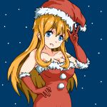  1girl alternate_costume bare_shoulders blonde_hair blue_background blue_eyes blush breasts christmas cleavage collarbone cowboy_shot elbow_gloves gloves hand_on_hip hat highres k-on! kotobuki_tsumugi large_breasts long_hair santa_costume santa_hat smile solace solo waving 