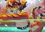  1girl animal_ears arknights black_hair furry furry_female gris_swimsuit looking_at_viewer meme_attire momobeda multicolored_fur multicolored_hair orange-tinted_eyewear orange_fur orange_hair round_eyewear short_hair solo streaked_hair sunglasses swimsuit tail tiger_ears tiger_girl tiger_tail tinted_eyewear waai_fu_(arknights) white_hair 