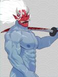  abs asian_mythology biceps big_muscles big_pecs blood bodily_fluids dead_by_daylight demon digital_media_(artwork) east_asian_mythology hair hi_res horn human japanese_mythology katana looking_at_viewer male mammal mask melee_weapon muscular muscular_male mythology nipples not_furry nude oni pecs rsotart simple_background solo sword the_oni_(dbd) video_games weapon white_hair yōkai 