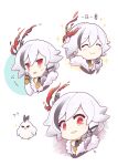  1girl :d :p bangs bird chicken chinese_clothes fu_hua fu_hua_(herrscher_of_sentience) fu_hua_(valkyrie_accipter) highres honkai_(series) honkai_impact_3rd long_hair looking_at_viewer mon_momu multiple_views open_mouth ponytail red_eyes smile solo tongue tongue_out white_background 