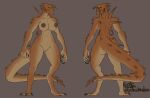  absurd_res anthro big_tail claws female genitals hi_res horn medicinal_succ model_sheet muscular nipples pussy solo spikes tarrasque yellow_eyes 