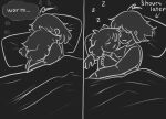  2_horns ambiguous_gender anthro bed bovid caprine comic cuddling deltarune duo english_text ffloofball furniture goat horn human kris_(deltarune) male male/ambiguous mammal monochrome ralsei sleeping sound_effects text thought_bubble undertale_(series) video_games zzz 