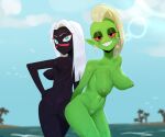  2022 alien alien_humanoid beach black_body black_skin blue_eyes breasts butt crossover detailed_background disney duck_dodgers duo female genitals green_body green_nipples green_skin grin hair hand_on_hip hi_res humanoid humanoid_pointy_ears leaning leaning_forward looking_at_viewer looking_back looking_back_at_viewer lord_dominator martian mouthless nipples not_furry nude outside pubes pussy queen_tyr&#039;ahnee red_eyes sea seaside smile standing thehumancopier wander_over_yonder warner_brothers water white_hair 