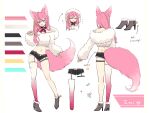  1girl animal_ears ass bandaid character_sheet collar commission commissioner_upload emiko_(shaula32) from_behind full_body fur_sweater hair_ornament hairclip high_heels highres looking_at_viewer midriff multiple_views naozi navel off_shoulder original pink_eyes pink_hair short_shorts shorts standing star_(symbol) tail thigh_strap tongue tongue_out white_background wolf_ears wolf_tail 