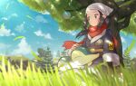  1girl against_tree akari_(pokemon) akio_(kio2105) black_hair black_shirt blush closed_mouth cloud commentary_request cyndaquil day eyelashes floating_hair from_below grass grey_eyes grey_jacket grey_skirt head_scarf highres jacket leaves_in_wind logo long_hair on_lap outdoors pokemon pokemon_(creature) pokemon_(game) pokemon_legends:_arceus pokemon_on_lap ponytail red_scarf scarf shirt sidelocks sitting skirt sky smile tree white_headwear 