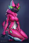  4_ears ambiguous_gender anthro big_breasts breasts fur hair hi_res horn latex_skin machine multi_ear nippleless null_bulge pink_body pink_fur pink_hair protogen rainset rubber screen screen_face simple_background solo waffle_da_proto 