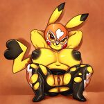  2022 anthro anthrofied anus areola big_breasts biped black_areola black_nipples bodily_fluids breasts brown_eyes cleft_tail clothed clothing cosplay_pikachu_(character) cosplay_pikachu_(costume) costume curvaceous curvy_figure dark_areola dark_nipples female front_view full-length_portrait genitals hands_behind_head hi_res huge_breasts licking licking_lips licking_own_lips looking_at_viewer mammal mask monotone_areola monotone_nipples naughty_face nintendo nipples orange_background pikachu pikachu_libre pok&eacute;mon pok&eacute;mon_(species) portrait presenting presenting_pussy pussy redraw rodent self_lick simple_background sitting skye3337 smile solo spread_legs spreading sweat tongue tongue_out topless torn_clothing video_games voluptuous yellow_body yellow_skin yellow_tail 