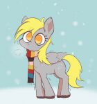  blonde_hair breath cutie_mark derp_eyes derpy_hooves_(mlp) equid equine eyelashes feral friendship_is_magic grey_body hair hasbro hi_res hooves mammal my_little_pony noupu1115 pegasus scarf snow snowing solo standing wings yellow_eyes yellow_tail 