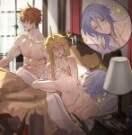  !? 3boys abs absurdres aether_(genshin_impact) alternate_hairstyle bangs bed bite_mark blanket blue_hair blush bruise closed_eyes condom curtains day earrings genshin_impact ha_ze hair_down heart hickey highres indoors injury jewelry kamisato_ayato lamp long_hair love_triangle lying male_focus mole mole_under_mouth multiple_boys multiple_views nose_blush on_side orange_hair pectorals pillow scratches single_earring sitting sparkle squiggle tartaglia_(genshin_impact) toned toned_male used_condom window yaoi yellow_eyes 