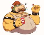  2022 4_fingers angry anthro armband bearafterall belly beverage big_belly bowser burger chest_tuft claws clothing collar eyebrow_through_hair eyebrows fingers food fries hair hi_res horn ketchup koopa male mario_bros nintendo overweight overweight_male scalie shirt soda solo topwear torn_clothing torn_topwear translucent translucent_hair tuft video_games 