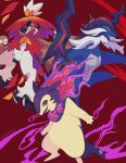  brown_background fang fangs fire half-closed_eyes highres hisuian_decidueye hisuian_samurott hisuian_typhlosion holding kamota_(momokomati) no_humans open_mouth pokemon pokemon_(creature) purple_fire red_background red_eyes symbol-only_commentary tongue 