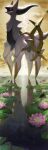  arceus cloud commentary_request glowing glowing_eyes highres lightning lily_pad no_humans outdoors pokemon pokemon_(creature) red_eyes reflection rend ripples sky solo water 