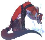  bandai_namco belt canid canine clothed clothed_feral clothing digimon digimon_(species) drm_sy fangmon feral fur licking licking_lips mammal orange_body orange_fur sharp_teeth solo teeth tongue tongue_out 