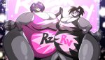  2022 absurd_res anthro big_breasts breasts chrisandcompany cleavage clothed clothing duo female fur gesture hair hair_over_eye hand_on_hip hi_res high_five huge_breasts mammal one_eye_obstructed procyonid purple_hair raccoon smile wrestler 