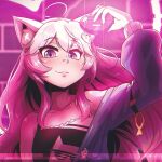  1girl ahoge animal_ears blush cat_ears cat_girl closed_mouth eyebrows_visible_through_hair highres long_hair long_sleeves looking_at_viewer nyatasha_nyanners pink_hair purple_eyes ryou_sakai smile solo virtual_youtuber vshojo 