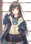  1girl :d bangs black_hair black_jacket black_legwear black_sailor_collar black_skirt blue_bow blurry blurry_background bow brown_shirt commentary_request cowboy_shot depth_of_field eyebrows_visible_through_hair hair_bow head_tilt jacket long_hair long_sleeves looking_at_viewer motoi_ayumu off_shoulder open_clothes open_jacket original pleated_skirt red_eyes sailor_collar shirt skirt sleeves_past_wrists smile solo thighhighs very_long_hair white_bow 