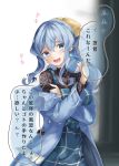  1girl blue_coat blue_eyes blue_hair box coat gift gift_box gotland_(kancolle) holding holding_gift kantai_collection long_hair long_sleeves mole mole_under_eye official_alternate_costume open_clothes open_coat remimiku sidelocks solo speech_bubble translation_request 