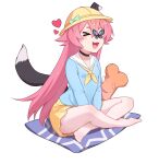  &gt;_&lt; 1girl :d absurdres animal_ears bangs blue_butterfly blue_shirt bug butterfly closed_eyes dog_ears dog_tail full_body highres honkai_(series) honkai_impact_3rd indian_style long_hair open_mouth pillow pink_hair rozaliya_olenyeva sailor_collar shirt sitting skirt smile solo tail thighhighs white_legwear xiang_he_he_qunzi yellow_headwear yellow_skirt younger 