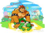  abs anal anthro blush bodily_fluids bowser caught cum cum_in_ass cum_inside dialogue duo genital_fluids hi_res male male/male mario_bros muscular muscular_male nintendo nipple_piercing nipples piercing poppin size_difference video_games yoshi yoshi_(character) 