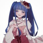  1girl blue_eyes blue_hair bow corset dress eyebrows_visible_through_hair finsuess flower frills furudo_erika hair_ornament long_hair pink_bow red_ribbon ribbon simple_background smile solo twintails umineko_no_naku_koro_ni white_background 