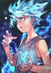  1boy aura child electricity fighting_stance glowing glowing_eyes hungry_clicker hunter_x_hunter killua_zoldyck lightning looking_to_the_side male_focus powering_up shirt short_hair shorts solo spiked_hair upper_body 