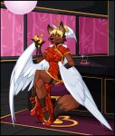  alcohol amber_williams anthro beverage blonde_hair breasts brown_body brown_eyes brown_fur canid clothed clothing dipstick_tail feathered_wings feathers female fur hair high_heels mammal markings solo tail_markings white_wings wings 