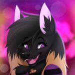  absurd_res anthro black_body black_fur black_hair black_nose canid canid_demon canine demon female fur hair harley_moonlight headshot_portrait hellhound hi_res highlights_(coloring) mammal open_mouth portrait purple_eyes purple_sclera shoulder_tuft smile solo solo_focus syronicaart_artist tuft 
