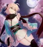  1girl :t absurdres ahoge arm_guards black_bow black_legwear black_scarf blonde_hair bow cherry_blossoms crimsonknigh_t dango dutch_angle fate/grand_order fate_(series) food full_moon haori highres japanese_clothes kimono moon night night_sky obi okita_souji_(fate) sash scarf short_hair short_kimono sky sleeveless sleeveless_kimono smileeating thighhighs thighs wagashi white_kimono wide_sleeves 