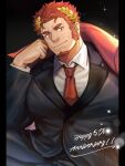  1boy bara between_pectorals black_suit claude_(housamo) coat collared_shirt facial_hair formal goatee highres ina_zuma large_pectorals laurel_crown long_sideburns looking_at_viewer male_focus mature_male muscular muscular_male necktie necktie_between_pectorals pectorals red_coat red_hair red_necktie shirt short_hair sideburns smile solo thick_eyebrows tokyo_afterschool_summoners upper_body 