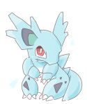  3_claws 3_toes ambiguous_gender blue_body blue_inner_ear bodily_fluids chaba claws fangs feet feral hi_res multicolored_body nidorina nintendo pok&eacute;mon pok&eacute;mon_(species) red_eyes simple_background solo sweat sweatdrop toes two_tone_body video_games white_background 