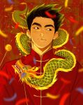  1boy american_dragon_jake_long black_eyes black_hair blurry blurry_foreground chinese_clothes chinese_new_year confetti depth_of_field dragon ear_piercing eastern_dragon facing_viewer highres jacket jake_long looking_to_the_side male_focus mandarin_collar object_request older padeliciouss pattern_request piercing portrait red_background red_jacket short_hair solo spiked_hair tangzhuang thick_eyebrows twitter_username 