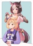  2girls animal_ears blonde_hair blue_ribbon brown_eyes brown_hair commentary_request company_connection cosplay costume_switch cowboy_shot djeeta_(granblue_fantasy) djeeta_(granblue_fantasy)_(cosplay) dress gauntlets granblue_fantasy hairband highres holding holding_clothes horse_ears horse_girl horse_tail multiple_girls pink_dress pink_hairband purple_eyes purple_sailor_collar ribbon sailor_collar school_uniform serafuku short_hair sidelocks special_week_(umamusume) special_week_(umamusume)_(cosplay) standing tail takanishi_takashi tracen_school_uniform umamusume winter_uniform 