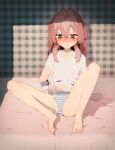  1girl :/ arm_support bangs bare_legs barefoot bed blush crossed_bangs full_body groin hair_between_eyes highres holding_ruler inui_sajuna long_hair measuring navel no_pants nose_blush on_bed panties pink_eyes purple_eyes reward_available ruler shirt sitting solo sono_bisque_doll_wa_koi_wo_suru striped striped_panties sweatdrop t-shirt toes underwear viroa 