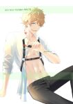  belt blonde_hair blue_eyes blush ensemble_stars! green_background highres kindo lips lipstick looking_at_viewer makeup male_focus multicolored_hair multiple_boys muscular muscular_male navel open_mouth pants ryuuseitai_(ensemble_stars!) shirt streaked_hair takamine_midori white_background yaoi 