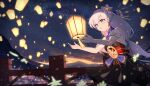  1girl absurdres bare_shoulders blue_eyes china_dress chinese_clothes dress flower hair_flower hair_ornament highres honkai_(series) honkai_impact_3rd lantern long_hair night night_sky open_mouth outdoors paper_lantern sky sky_lantern solo star_(sky) starry_sky theresa_apocalypse theresa_apocalypse_(starlit_astrologos) white_flower white_hair xiang_he_he_qunzi zhuge_kongming_(honkai_impact) 