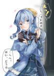  1girl blue_coat blue_eyes blue_hair box coat gift gift_box gotland_(kancolle) heart holding holding_gift kantai_collection long_hair long_sleeves mole mole_under_eye official_alternate_costume open_clothes open_coat remimiku sidelocks smile solo speech_bubble translation_request 