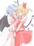  2girls arnest ascot bangs bat_wings blonde_hair blue_hair blush breasts closed_eyes closed_mouth collared_dress collared_shirt commentary_request crystal dress eyebrows_visible_through_hair flandre_scarlet frills gem hair_between_eyes hair_ribbon hand_on_another&#039;s_face hand_up highres jewelry medium_breasts multicolored_wings multiple_girls no_hat no_headwear one_side_up pink_ascot pink_dress pink_shirt pointy_ears puffy_short_sleeves puffy_sleeves red_eyes red_ribbon red_skirt red_vest remilia_scarlet ribbon shirt short_hair short_sleeves siblings simple_background sisters skirt small_breasts smile standing touhou vest white_background wings wrist_cuffs yellow_ascot 