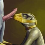 2016 anthro collar cuff_(restraint) dominant dominant_male duo erection genitals gold_(metal) green_body green_eyes green_scales grey_body grey_scales hi_res kneeling licking lizard lock looking_at_another looking_at_partner male male/male master mitokep muzzle_(object) muzzled oral padlock penile penis penis_lick reptile restraints scales scalie sex simple_background slave standing submissive submissive_male tongue tongue_out wrist_cuffs 