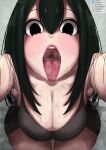  1girl absurdres armpits asui_tsuyu bangs black_eyes boku_no_hero_academia breasts brown_legwear cleavage dark_green_hair eyebrows_visible_through_hair foreshortening from_above grey_background hair_between_eyes highres large_breasts long_hair looking_at_viewer nostrils open_mouth oral_invitation pantyhose reaching_out saliva simple_background solo sweat teeth thighs tomodachi_(tomofanart) tongue tongue_out upper_teeth 