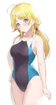  1girl absurdres ahoge black_swimsuit blonde_hair blue_eyes breasts collarbone commission competition_swimsuit cowboy_shot hachimiya_meguru hair_ornament hairclip highres idolmaster idolmaster_shiny_colors low_twintails medium_breasts mm_(pomeme4) multicolored_clothes multicolored_swimsuit one-piece_swimsuit simple_background solo standing swimsuit twintails white_background 